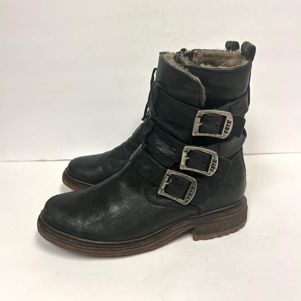 Frye Boots Valerie Women's Strappy Sz 6 Black Leather Shearling Moto Buckle - Picture 5 of 16